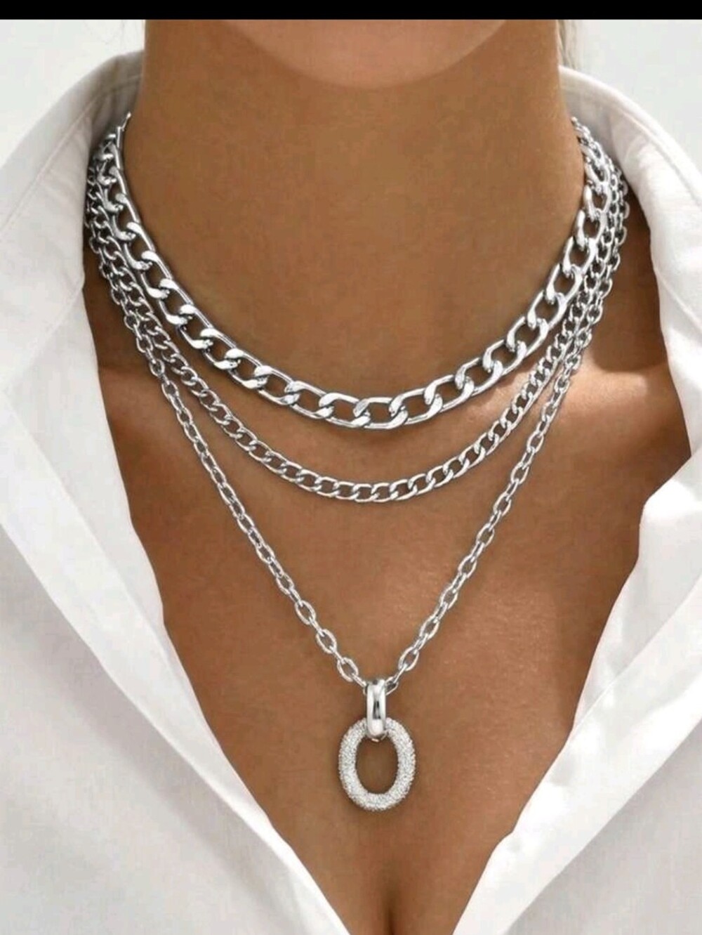 Silver Layered Chain Necklace with Pavé Circle Pendant - Women Jewelry